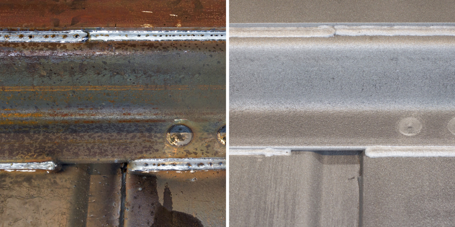 Metal structure before and after robotic blast cleaning.