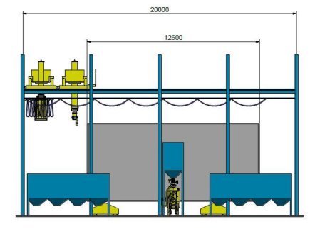 The first blast room is equipped with one Blastman B20CS robot. The robot arm is equipped with two 16 mm blast nozzles.