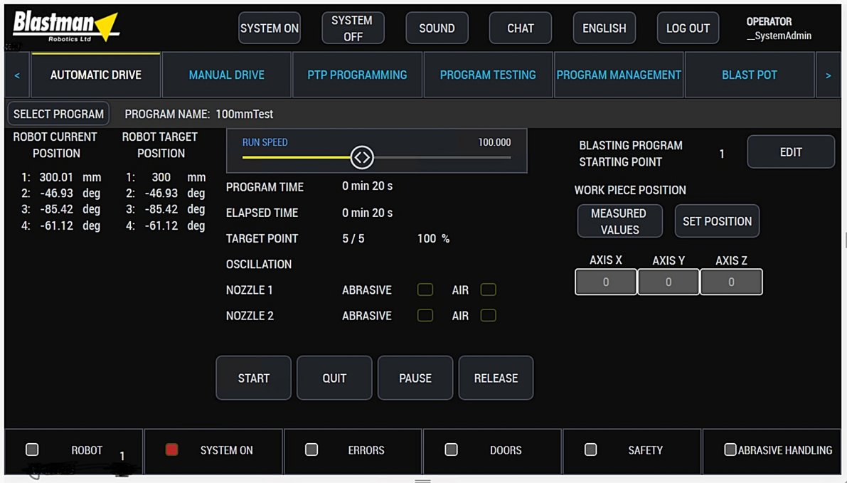 Blastman sandblasting robot user interface The robot control system can be used as a central control unit for analysing and controlling all process parameters of the blasting chamber